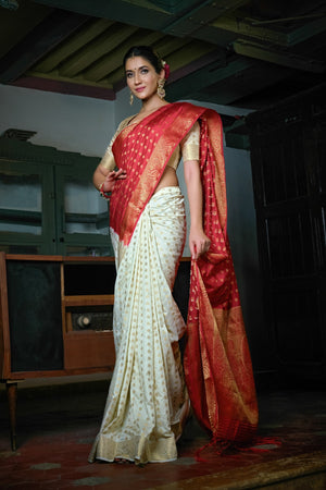 Vardha Rose Red-Ivory White Golden Zari Banarasi Raw Silk Saree