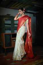 Thumbnail for Vardha Rose Red-Ivory White Golden Zari Banarasi Raw Silk Saree