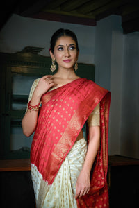 Thumbnail for Vardha Rose Red-Ivory White Golden Zari Banarasi Raw Silk Saree
