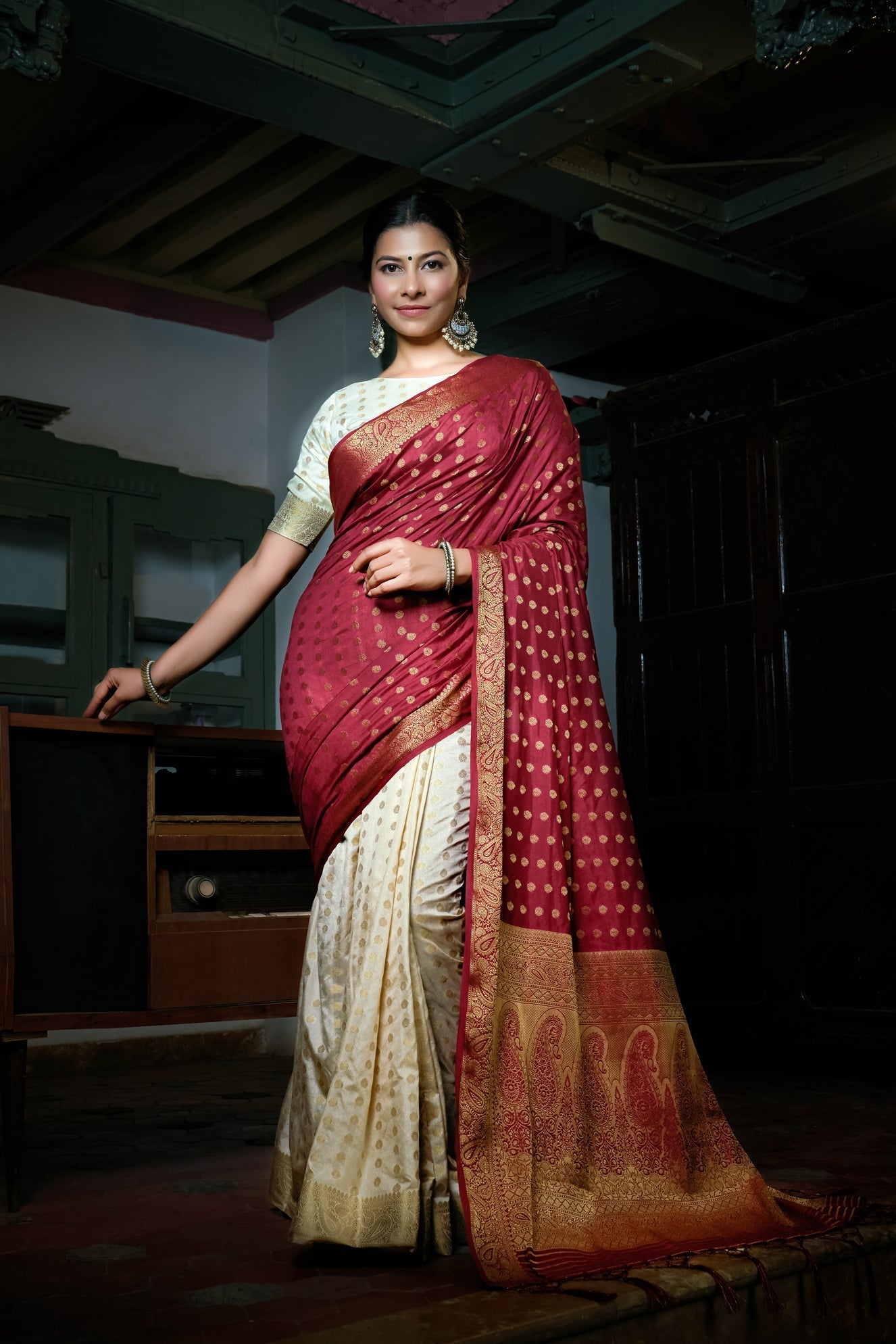 Vardha Maroon Red-Ivory White Golden Zari Banarasi Raw Silk Saree
