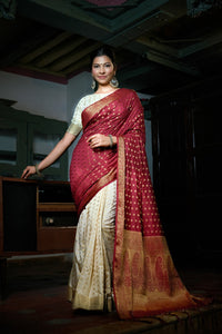 Thumbnail for Vardha Maroon Red-Ivory White Golden Zari Banarasi Raw Silk Saree