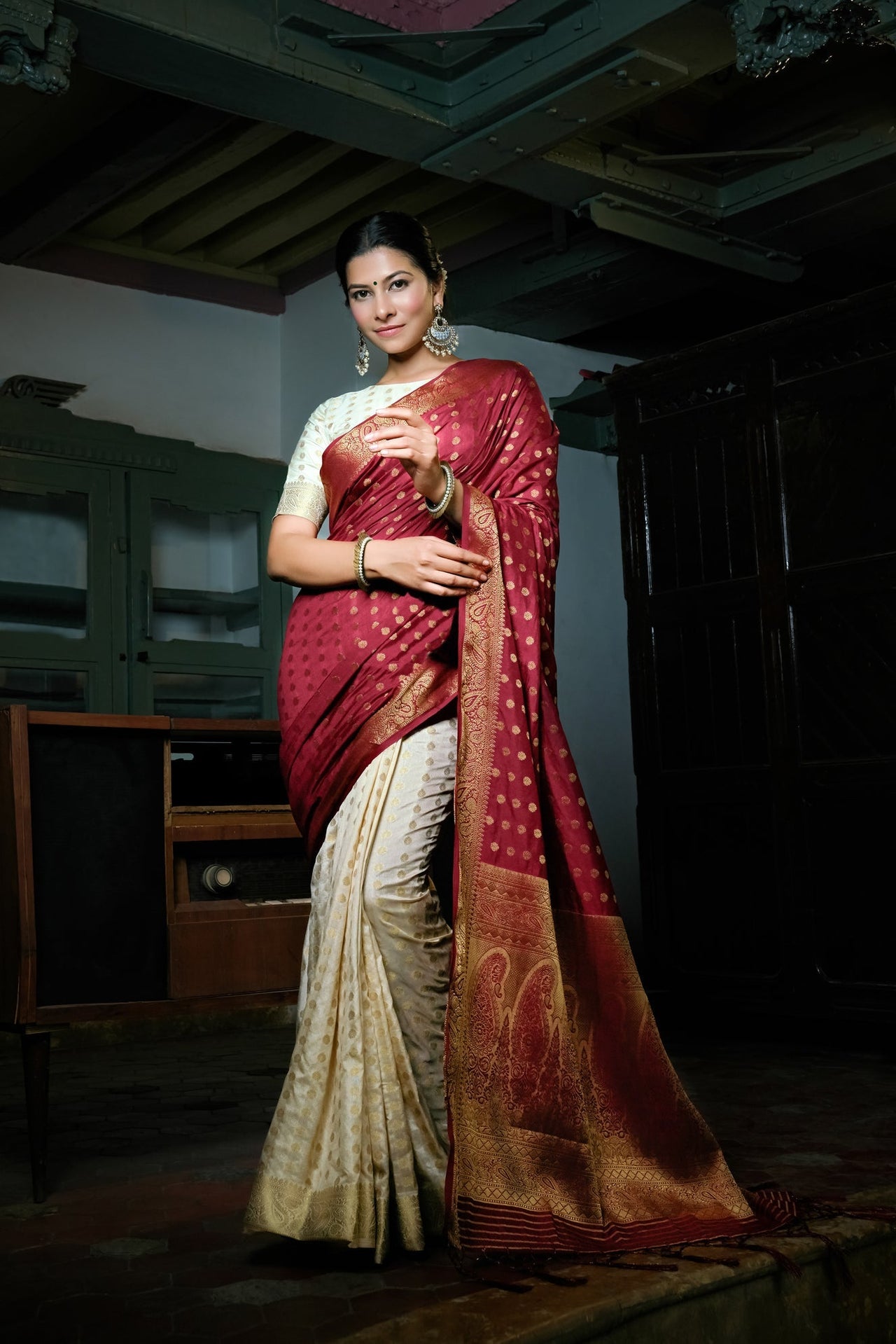 Vardha Maroon Red-Ivory White Golden Zari Banarasi Raw Silk Saree