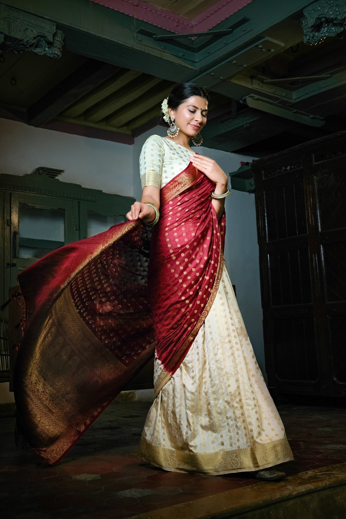 Vardha Maroon Red-Ivory White Golden Zari Banarasi Raw Silk Saree