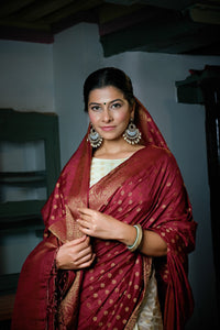 Thumbnail for Vardha Maroon Red-Ivory White Golden Zari Banarasi Raw Silk Saree