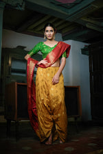 Thumbnail for Vardha Mustard Yellow-Rosewood Red Golden Zari Banarasi Raw Silk Saree