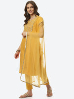 Thumbnail for Biba Women Mustard Yellow Floral Embroidered Kurta with Trousers & With Dupatta - Distacart