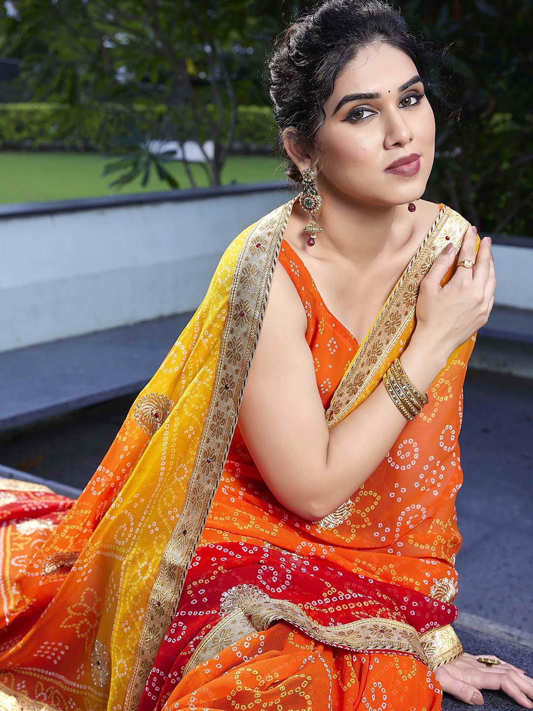 Kalini Red & Yellow Poly Georgette Embroidered Bandhani Saree - Distacart