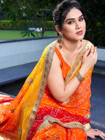 Thumbnail for Kalini Red & Yellow Poly Georgette Embroidered Bandhani Saree - Distacart