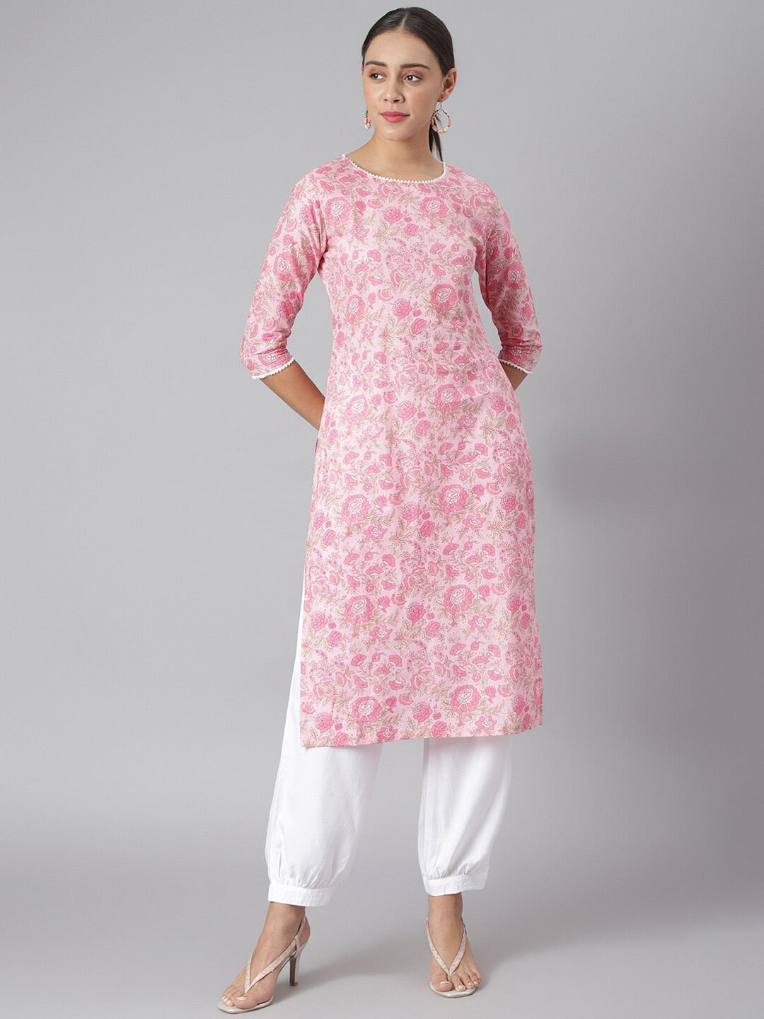 Khushal K Women Pink Floral Printed Cotton Kurta - Distacart