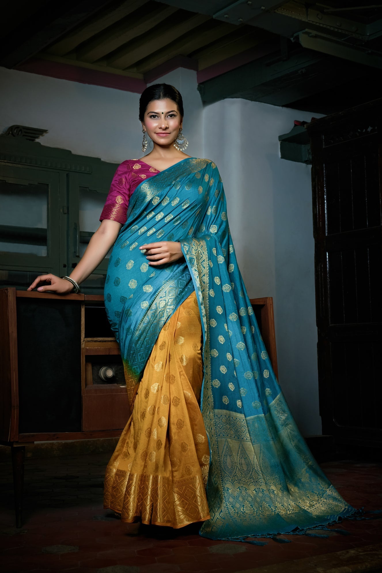 Vardha Sky Blue-Mustard Yellow Golden Zari Banarasi Raw Silk Saree