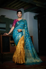 Thumbnail for Vardha Sky Blue-Mustard Yellow Golden Zari Banarasi Raw Silk Saree