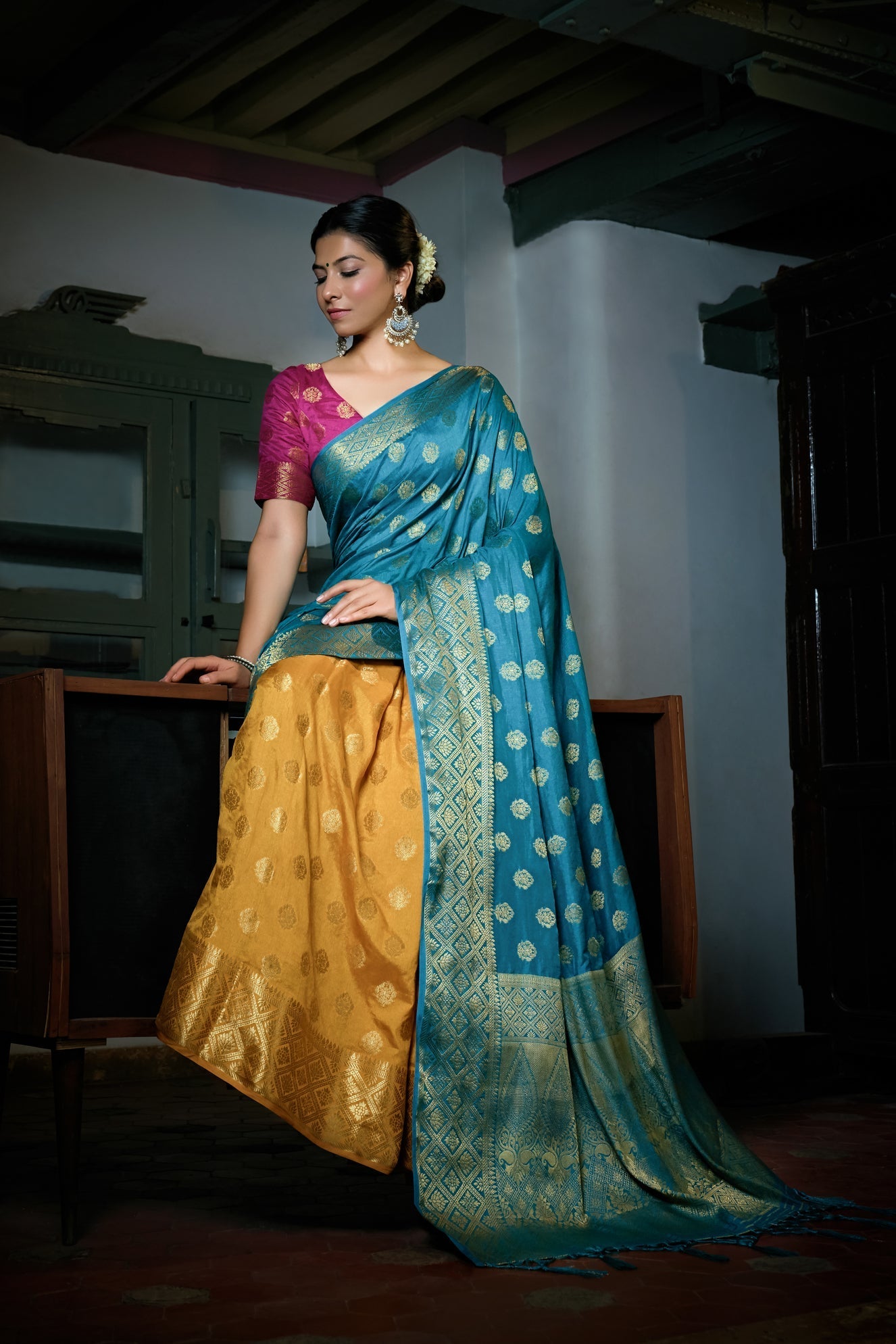 Vardha Sky Blue-Mustard Yellow Golden Zari Banarasi Raw Silk Saree