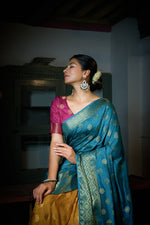Thumbnail for Vardha Sky Blue-Mustard Yellow Golden Zari Banarasi Raw Silk Saree