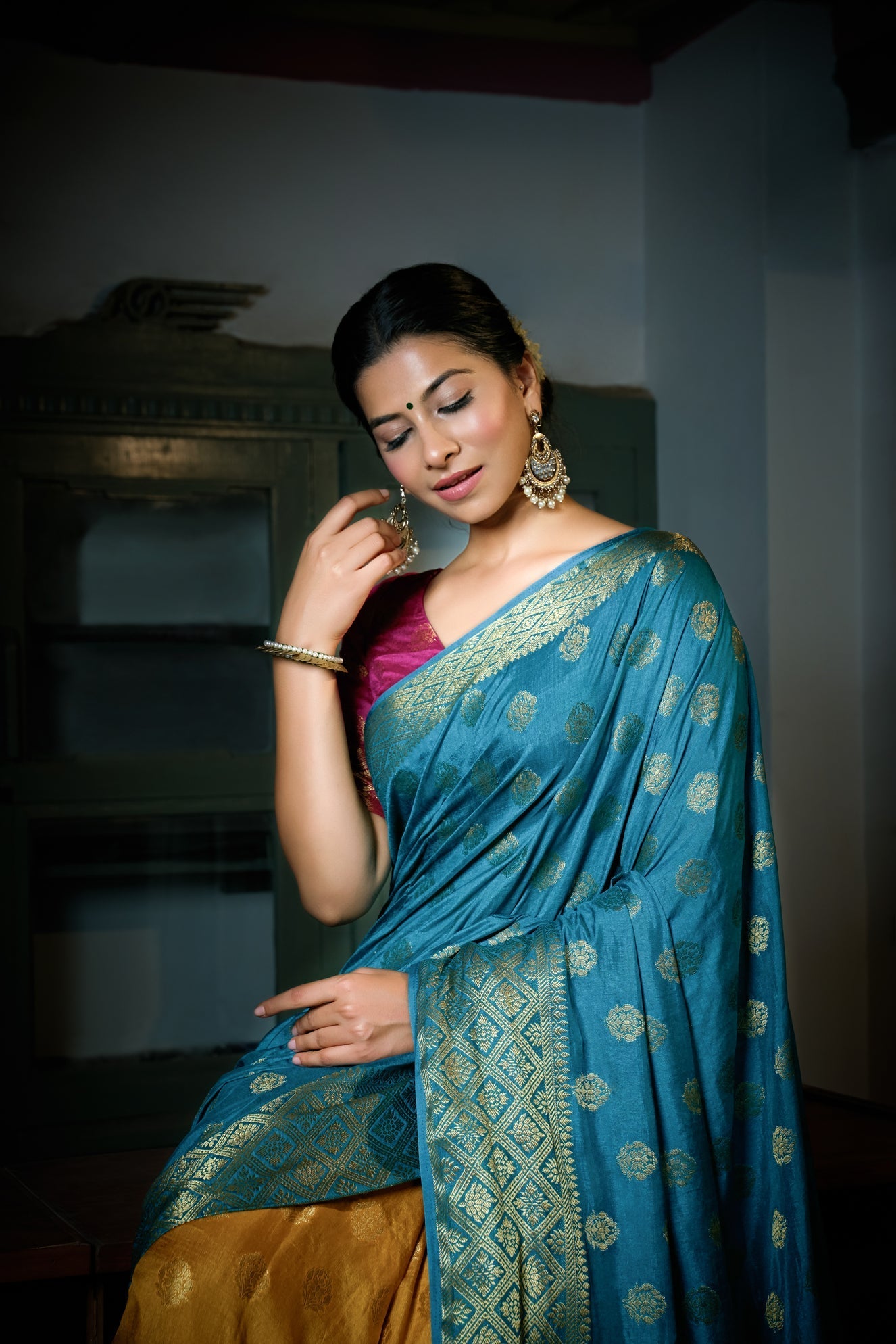 Vardha Sky Blue-Mustard Yellow Golden Zari Banarasi Raw Silk Saree
