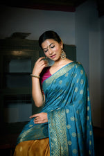 Thumbnail for Vardha Sky Blue-Mustard Yellow Golden Zari Banarasi Raw Silk Saree