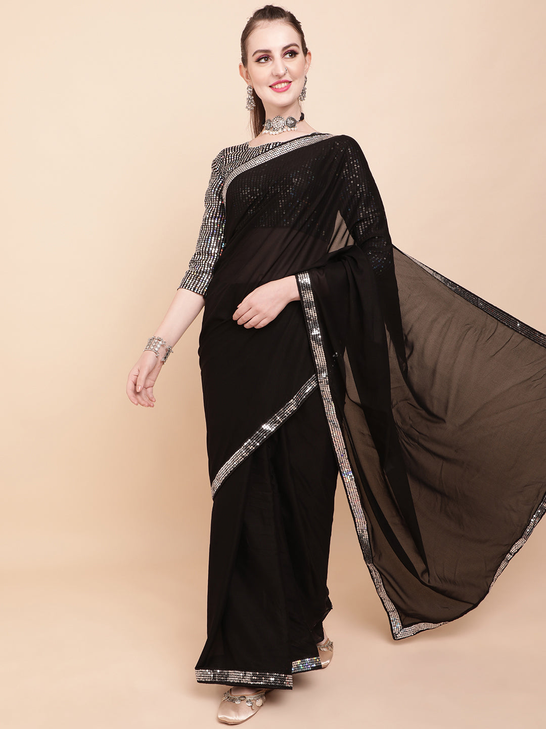 Sangria Black & Silver-Toned Sequinned Pure Georgette Celebrity Saree - Distacart