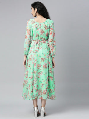 Souchii Sea Green Floral Chiffon Maxi Dress - Distacart