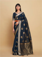 Thumbnail for Sangria Navy Blue Ethnic Motifs Woven Design Zari Saree - Distacart