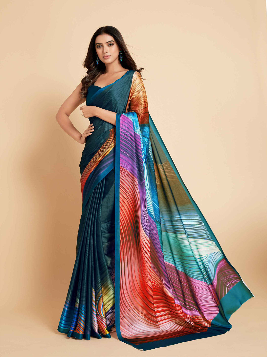 Sangria Navy Blue & Violet Satin Ready to Wear Saree - Distacart