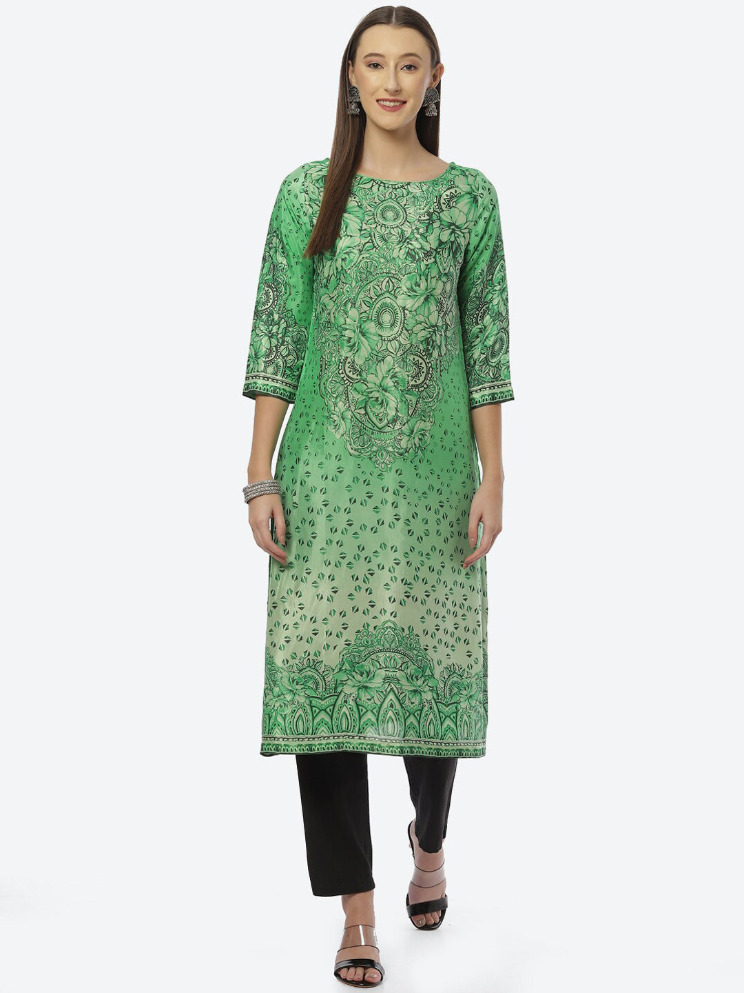 Biba Women Green Floral Printed Cotton Kurta - Distacart