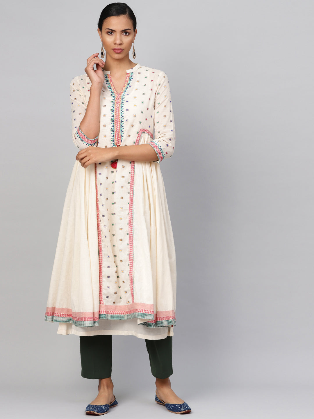 Biba Women Cream-Coloured & Pink Woven Design Layered A-Line Kurta - Distacart
