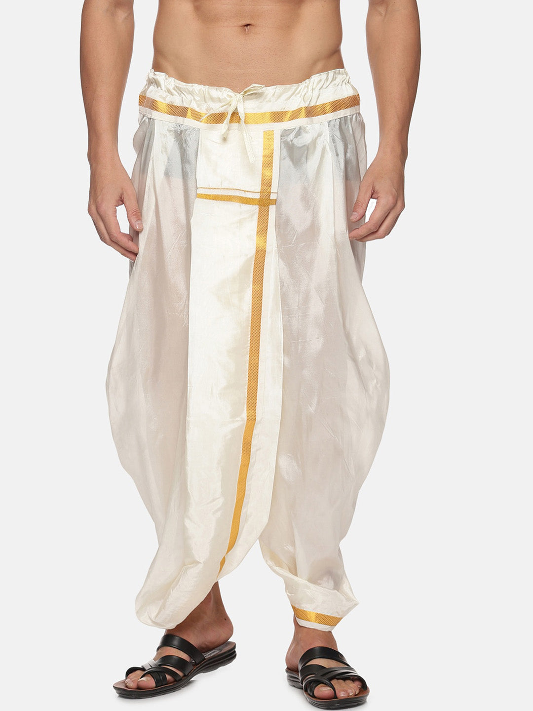 Sethukrishna Men Cream-Coloured & Golden Solid Silk Dhoti - Distacart