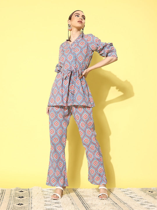 InWeave Women's Blue Pink Ogee Print Belted Coord Set - Distacart