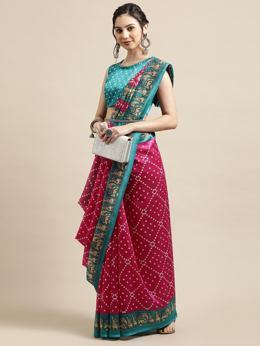 Saree Mall Pink & Teal Bandhani Printed Saree - Distacart