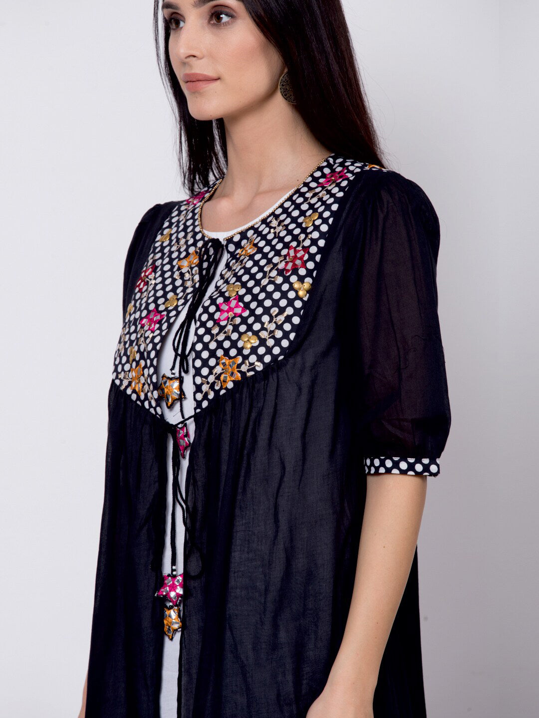 Biba Women Black & White Embroidered A-Line Kurta With Jacket - Distacart
