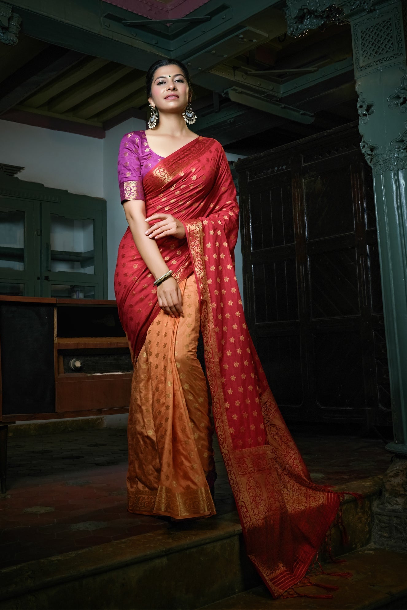 Vardha Ruby Red-Peach Golden Zari Banarasi Raw Silk Saree