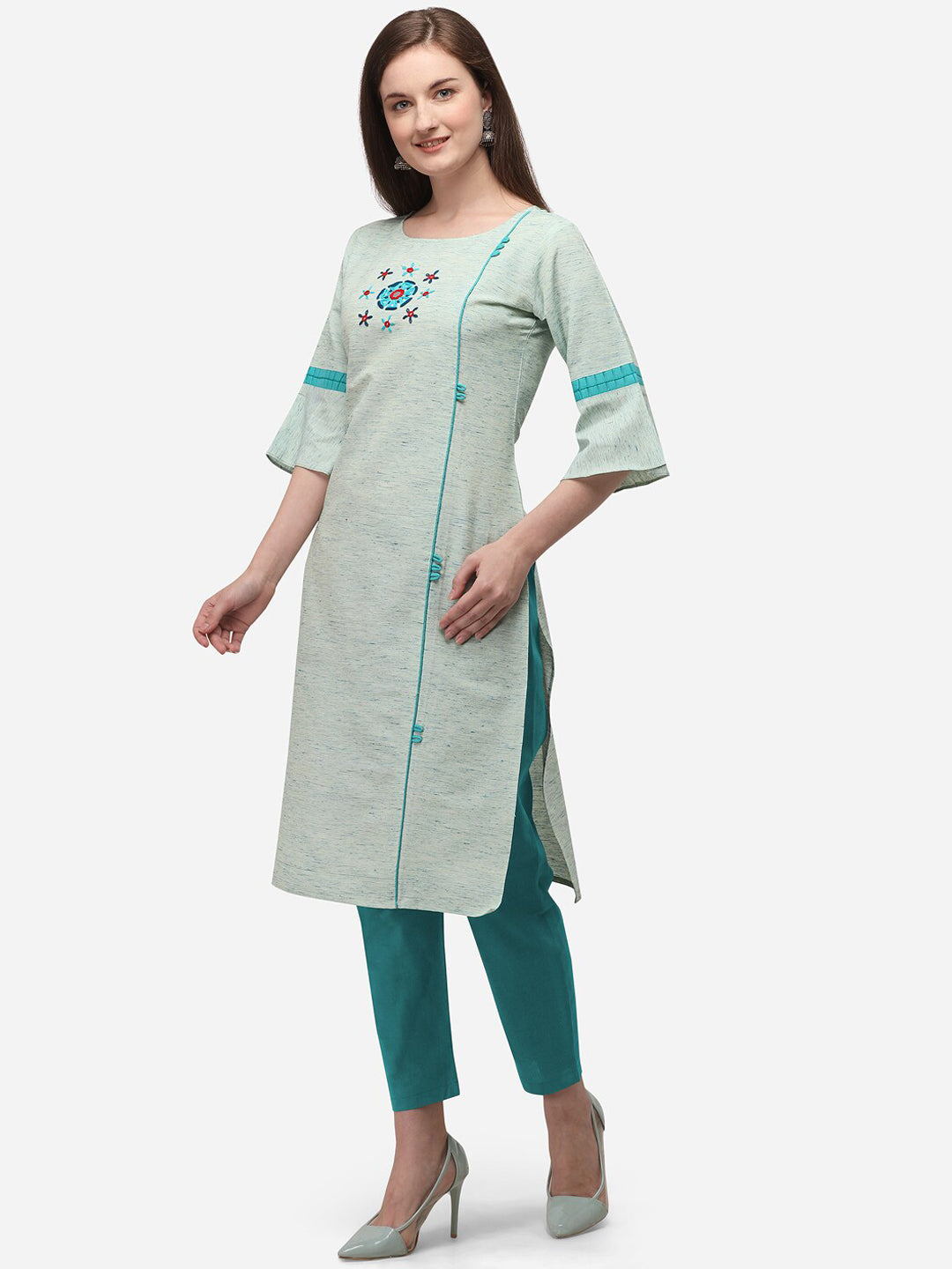 Kalini Women Sea Green & Red Floral Embroidered Bell Sleeves Mirror Work Cotton Kurta - Distacart