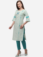 Thumbnail for Kalini Women Sea Green & Red Floral Embroidered Bell Sleeves Mirror Work Cotton Kurta - Distacart