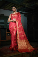 Thumbnail for Vardha Rosewood Red Golden Zari Banarasi Raw Silk Saree