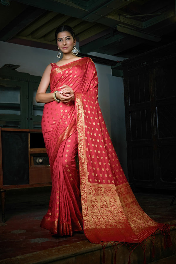 Vardha Rosewood Red Golden Zari Banarasi Raw Silk Saree