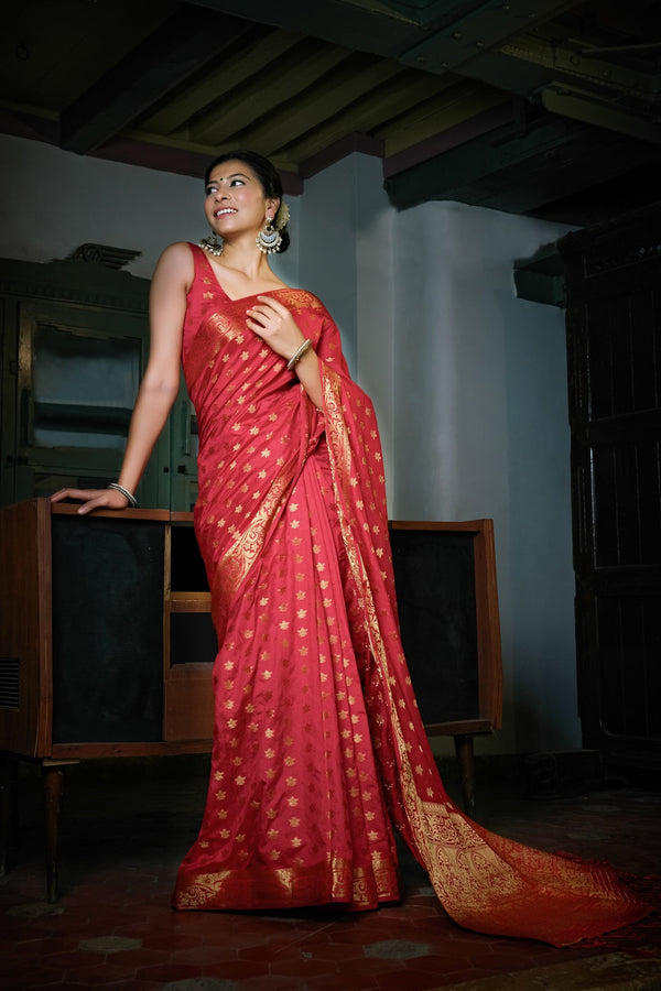 Vardha Rosewood Red Golden Zari Banarasi Raw Silk Saree