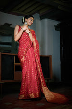 Thumbnail for Vardha Rosewood Red Golden Zari Banarasi Raw Silk Saree