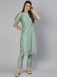 Thumbnail for Jaipur Kurti Women Sea Green Floral Angrakha Chanderi Cotton Kurta with Trousers - Distacart