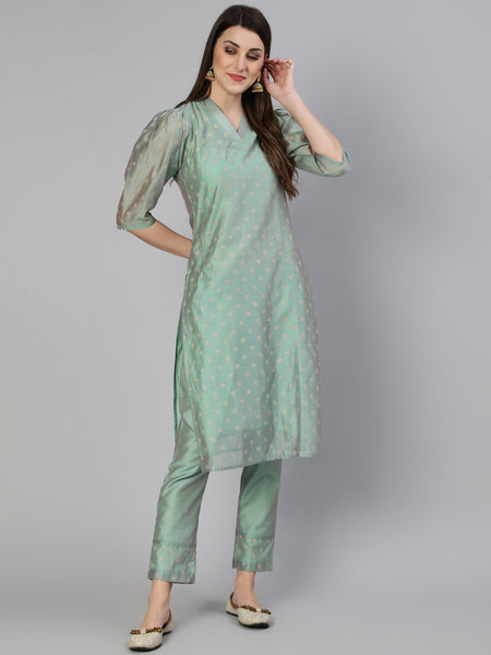 Jaipur Kurti Women Sea Green Floral Angrakha Chanderi Cotton Kurta with Trousers - Distacart