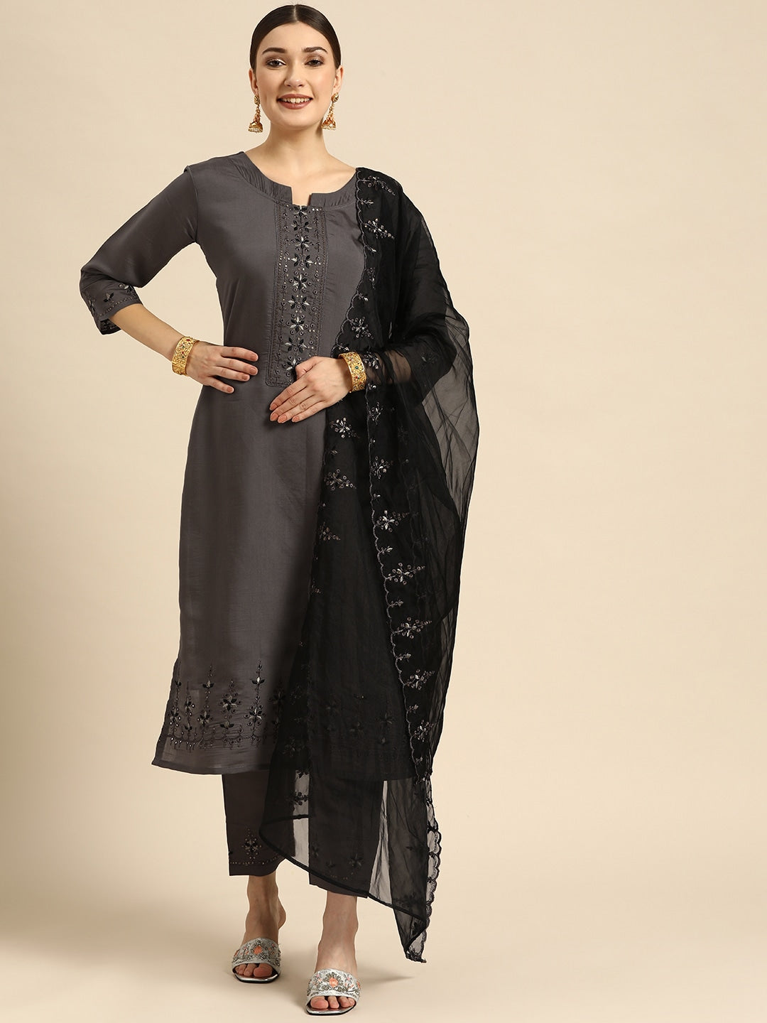 Sangria Women Grey Ethnic Motifs Embroidered Pure Cotton Kurta with Trousers & With Dupatta - Distacart