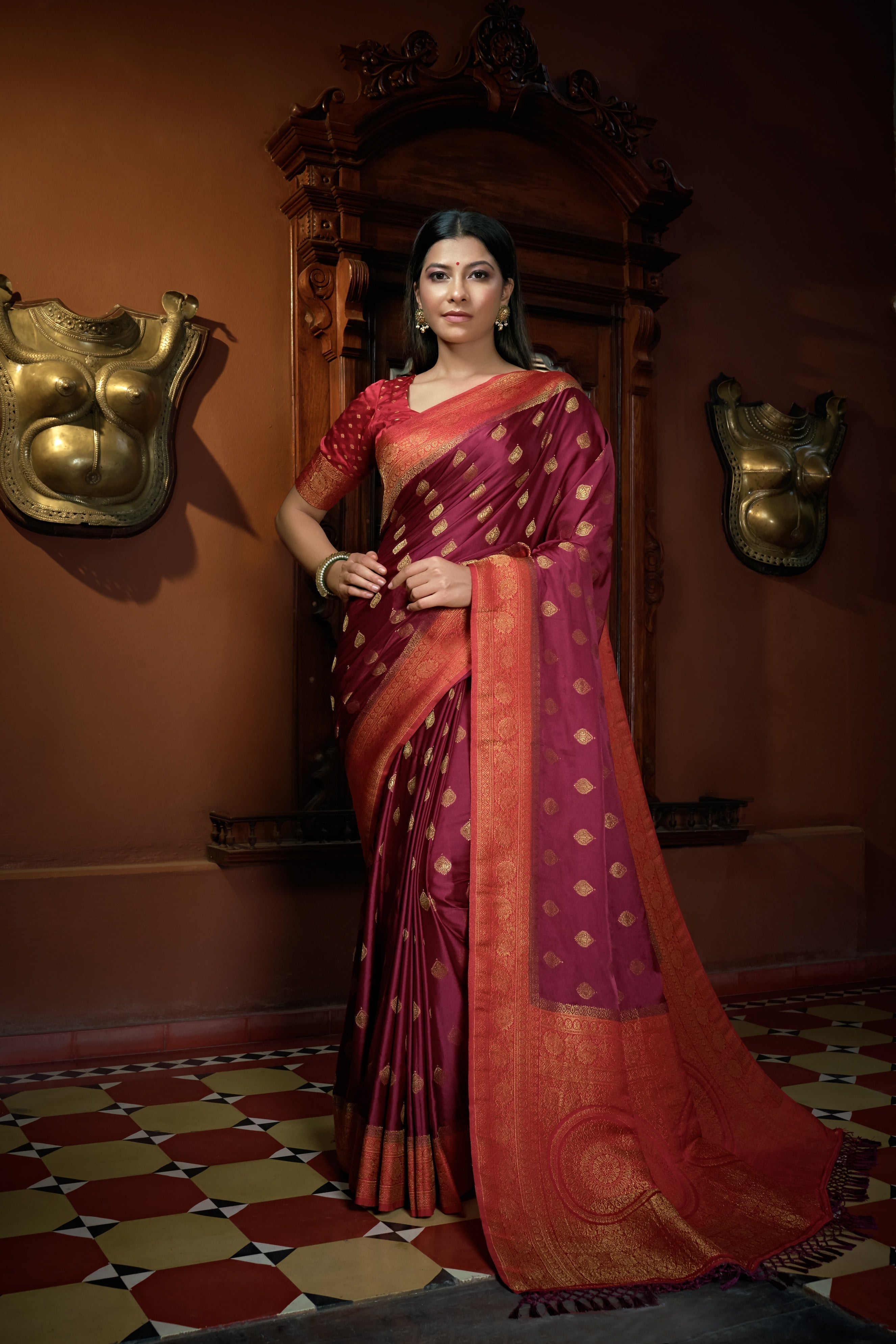 Vardha Ruby Pink Golden Zari Banarasi Satin Silk Saree