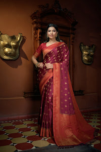 Thumbnail for Vardha Ruby Pink Golden Zari Banarasi Satin Silk Saree