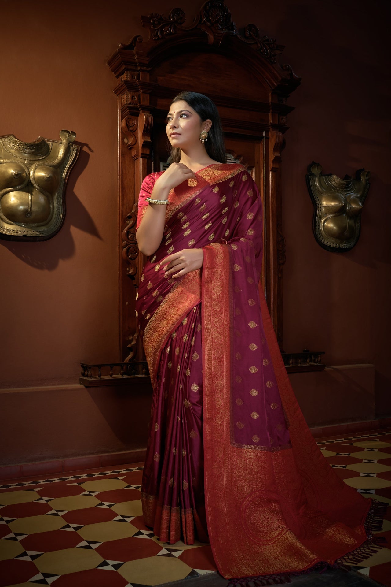 Vardha Ruby Pink Golden Zari Banarasi Satin Silk Saree