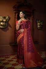 Thumbnail for Vardha Ruby Pink Golden Zari Banarasi Satin Silk Saree