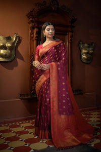 Thumbnail for Vardha Ruby Pink Golden Zari Banarasi Satin Silk Saree