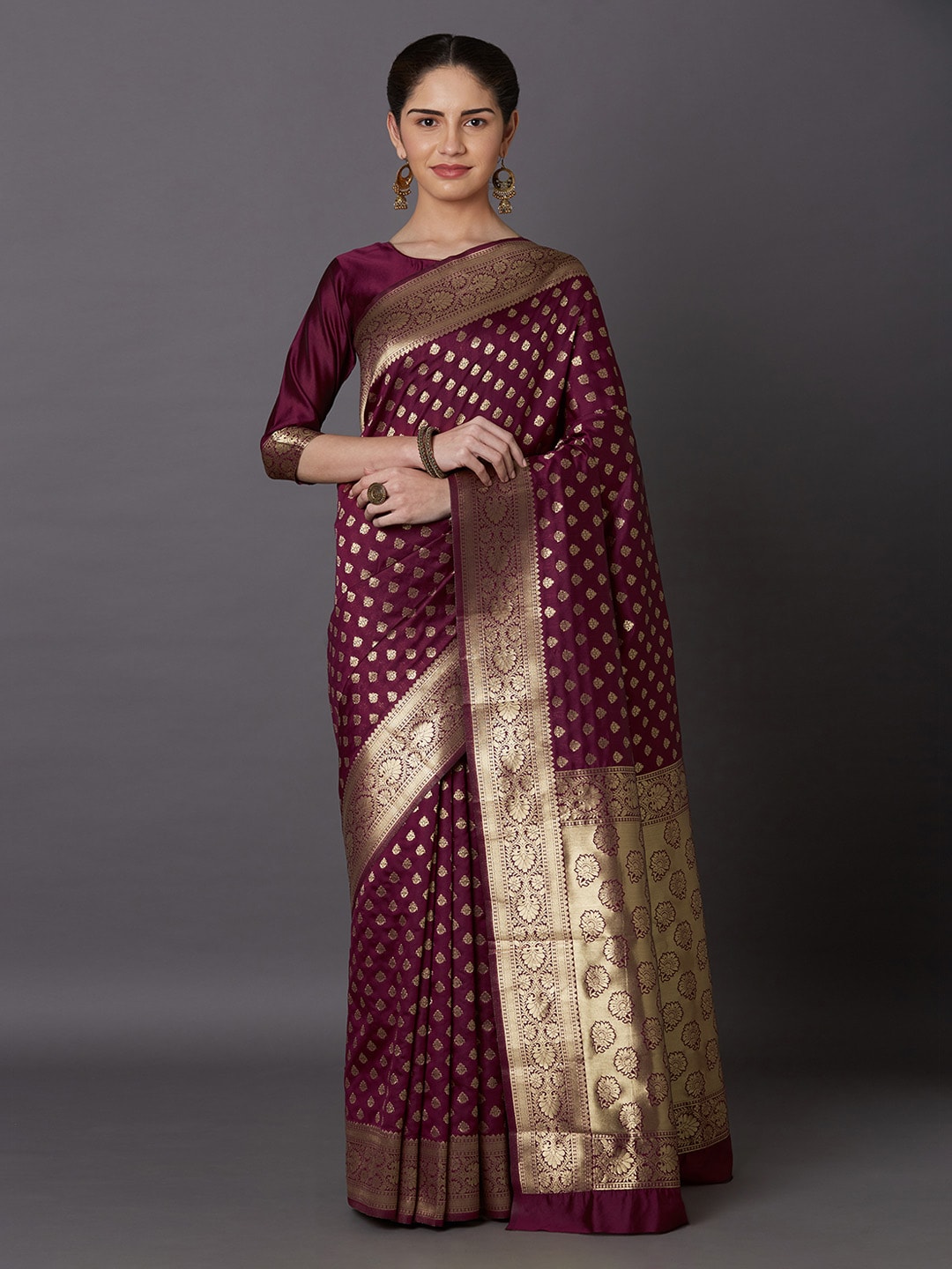 Mitera Magenta & Gold-Toned Silk Blend Woven Design Kanjeevaram Saree - Distacart