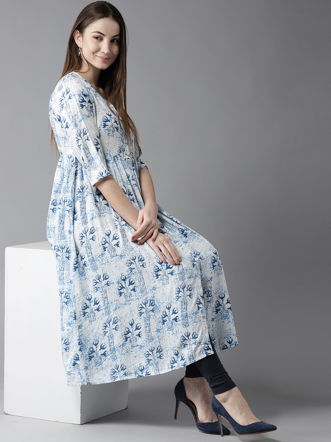 HERE&NOW Women White & Blue Printed A-Line Kurta - Distacart