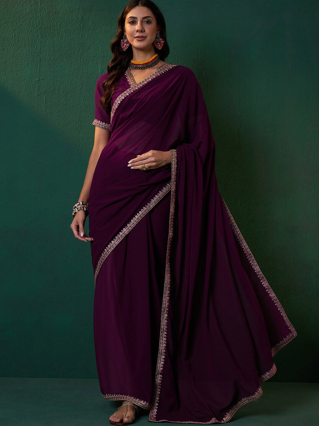 Sangria Embroidered Bordered Sarees - Distacart