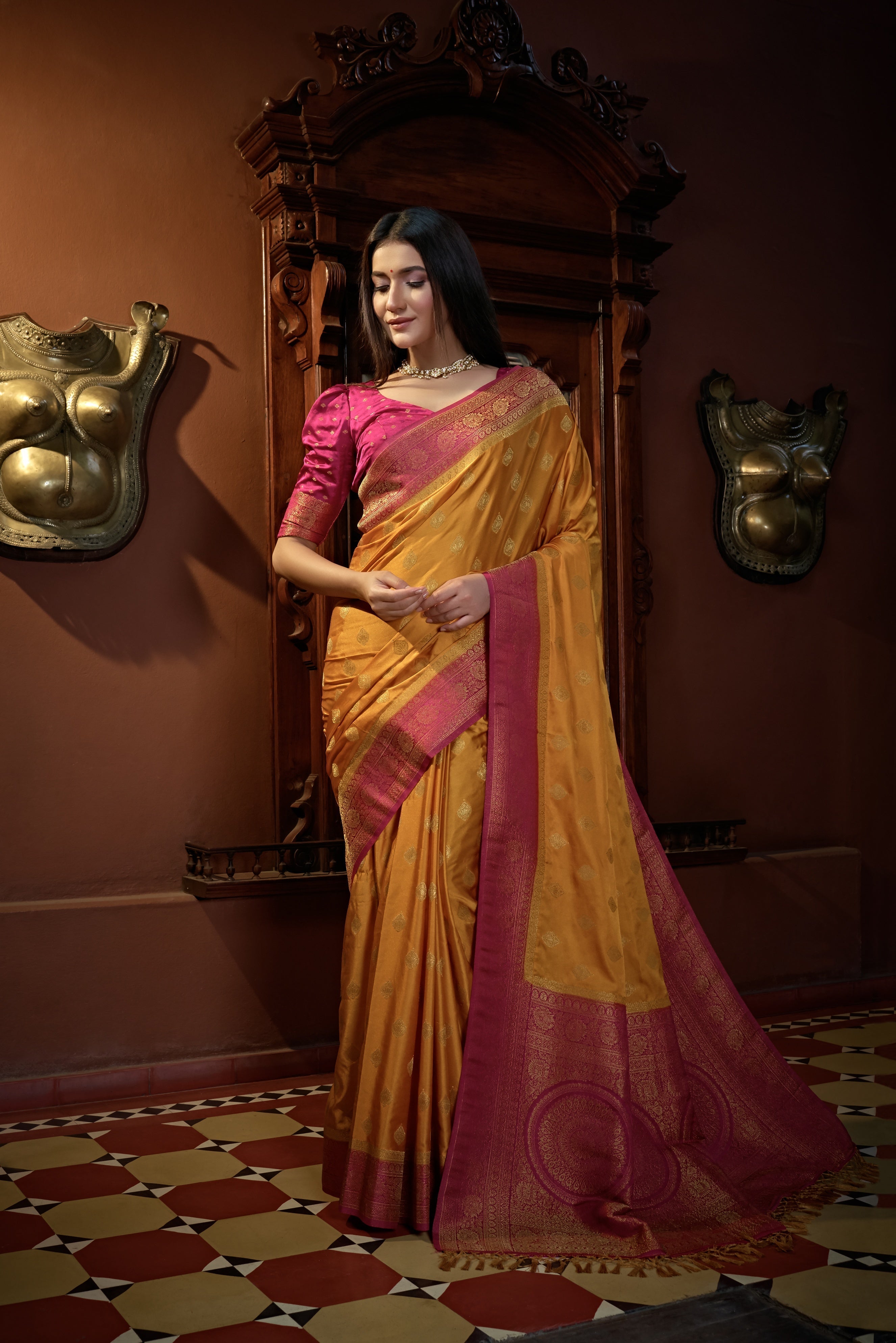 Vardha Sunset Yellow Golden Zari Banarasi Satin Silk Saree