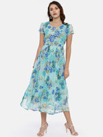 Thumbnail for Souchii Sea Green & Blue Floral Printed A-Line Dress - Distacart