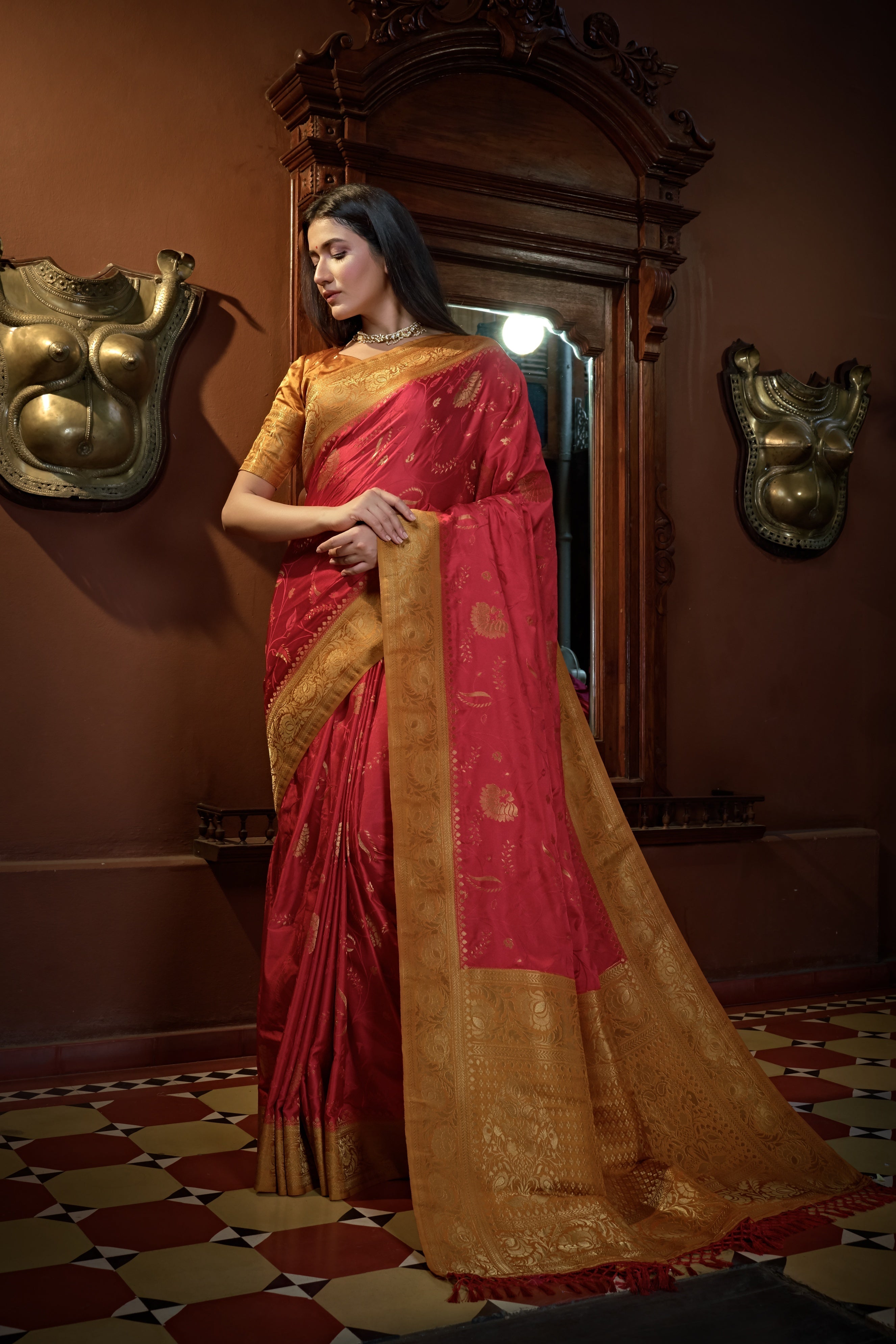 Vardha Myrtle Red Golden Zari Banarasi Satin Silk Saree